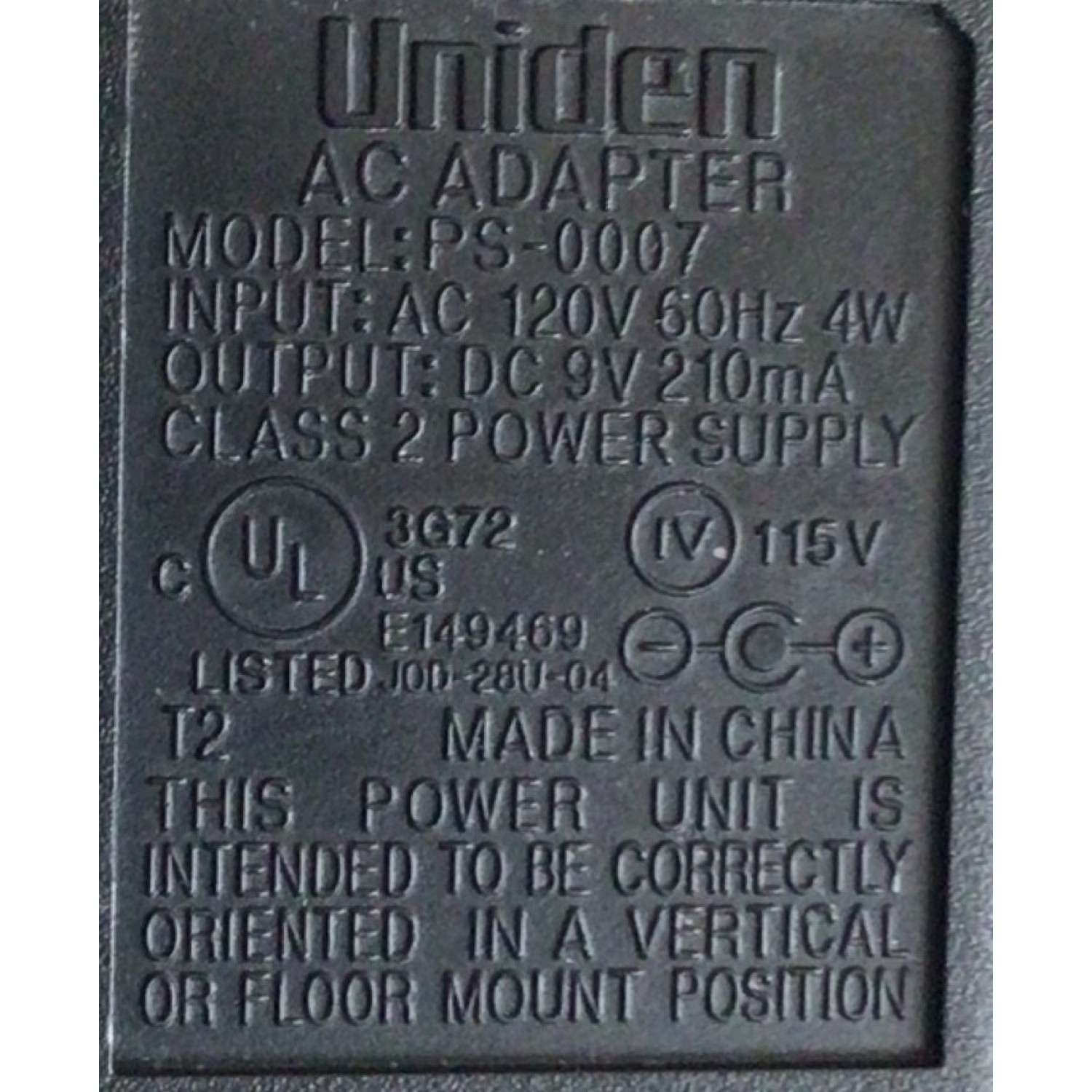 CARGADOR / ADAPTADOR DE FUENTE DE ALIMENTACION UNIDEN VCA-VCD / NUMERO DE PARTE PS-0007 / ENTRADA VCA 120V 60HZ 4W / SALIDA VCD 9V 210MA / MODELO PS-0007 - Imagen 4